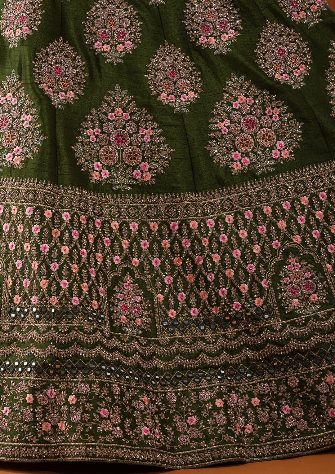 Mehendi Stonework Raw Silk Designer Lehenga-Koskii