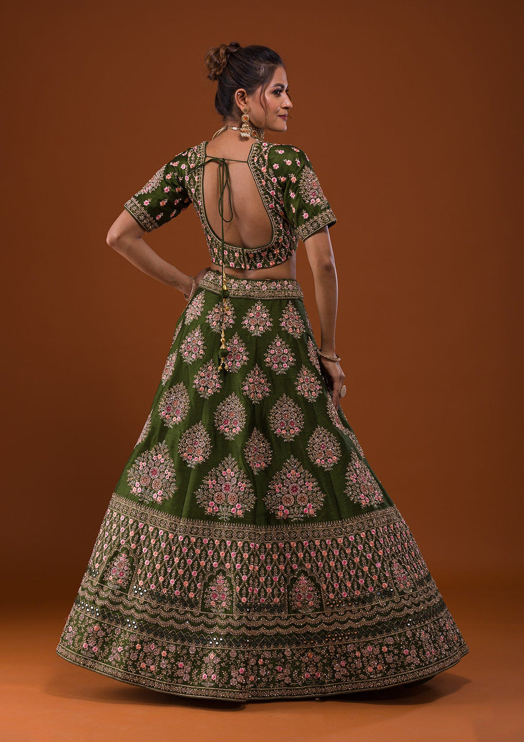 Mehendi Stonework Raw Silk Designer Lehenga-Koskii