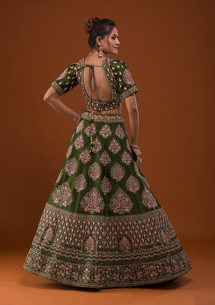 Mehendi Stonework Raw Silk Designer Lehenga-Koskii