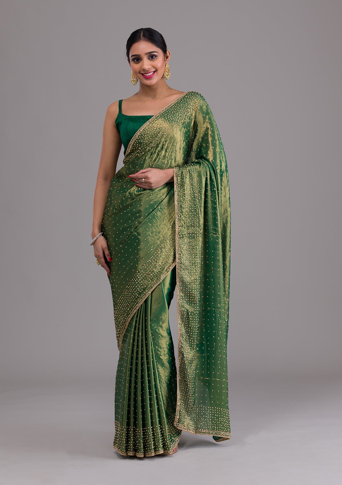 Mehendi Stonework Satin Saree-Koskii