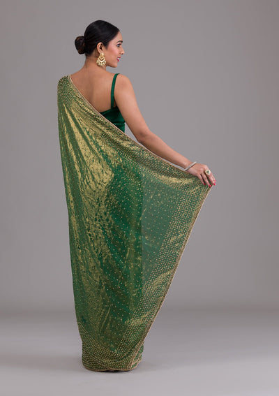 Mehendi Stonework Satin Saree-Koskii