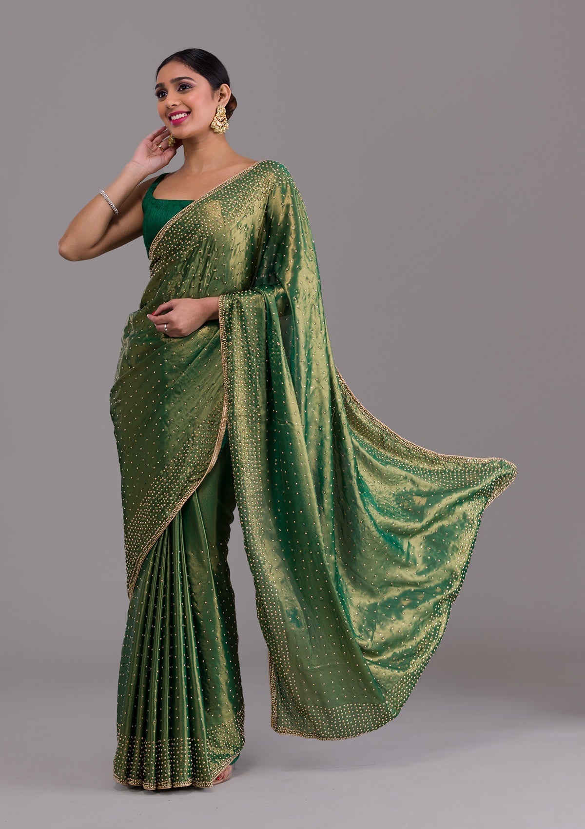 Mehendi Stonework Satin Saree-Koskii