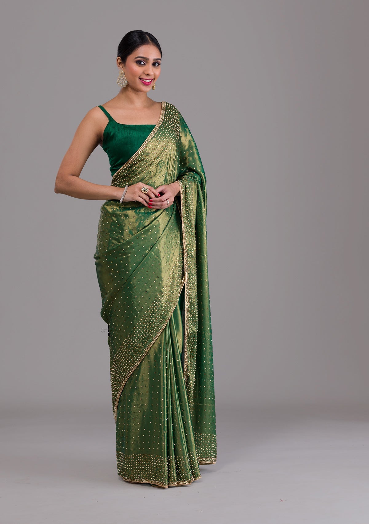 Mehendi Stonework Satin Saree-Koskii