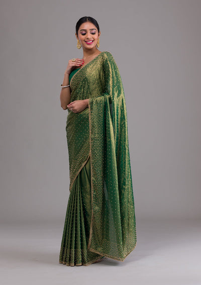 Mehendi Stonework Satin Saree-Koskii