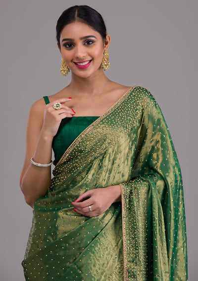 Mehendi Stonework Satin Saree-Koskii