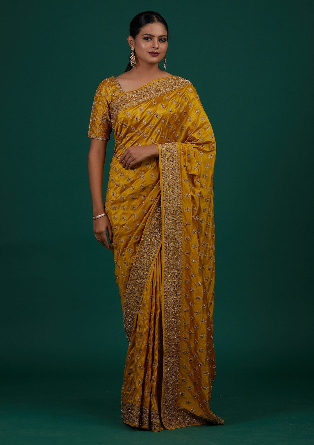 Mehendi Stonework Semi Crepe Designer Saree - Koskii