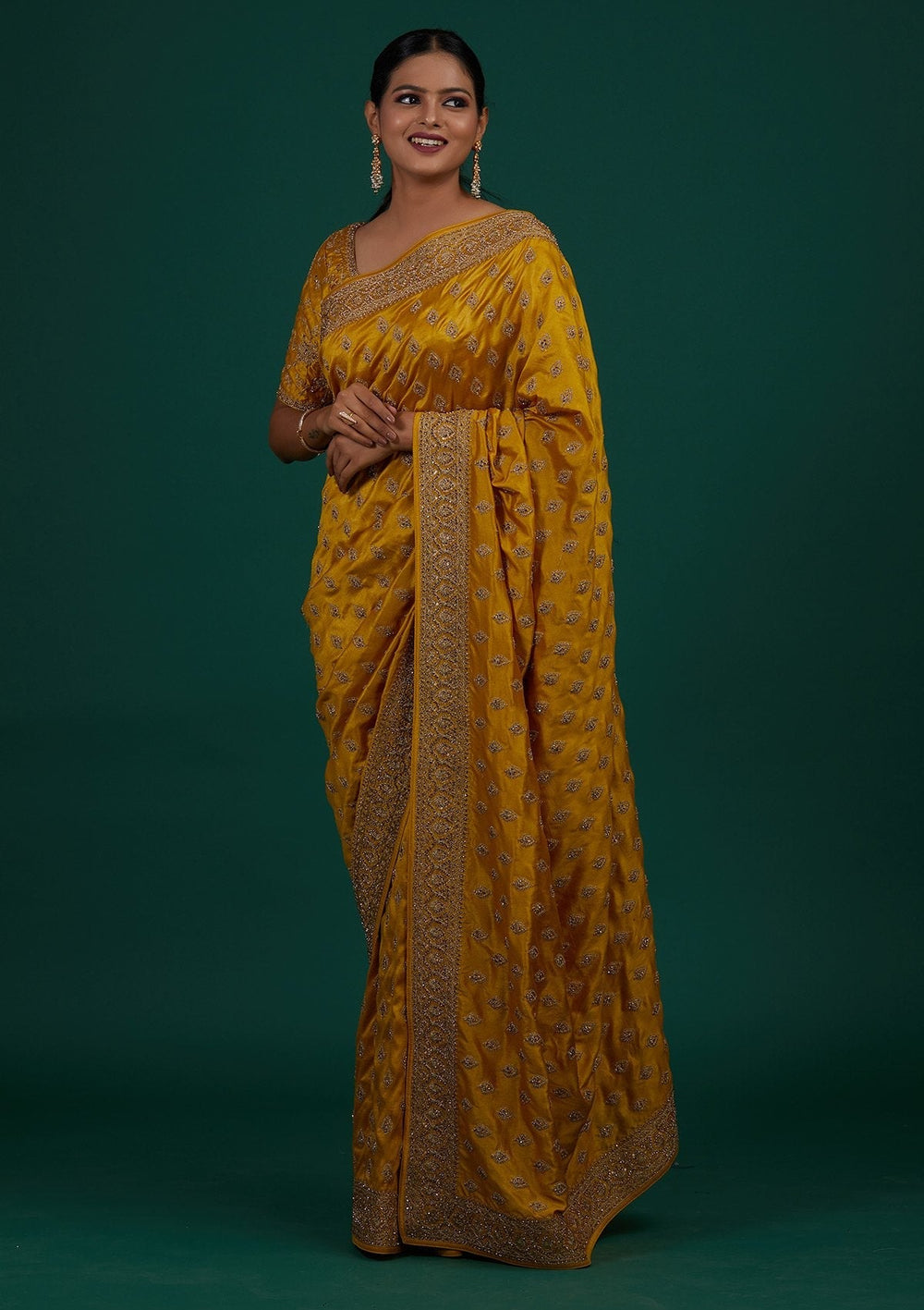Mehendi Stonework Semi Crepe Designer Saree - Koskii