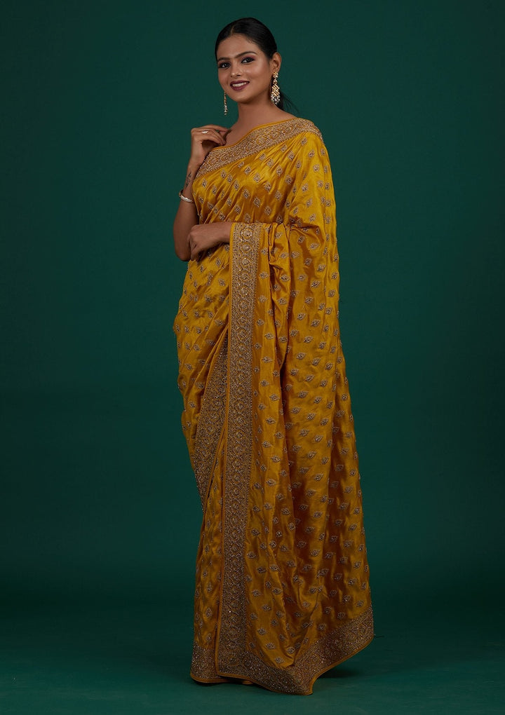 Mehendi Stonework Semi Crepe Designer Saree - Koskii