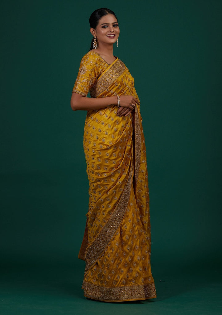 Mehendi Stonework Semi Crepe Designer Saree - Koskii
