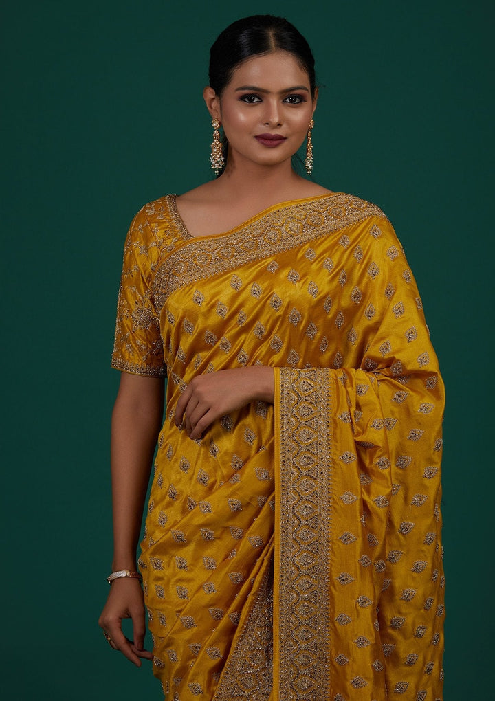 Mehendi Stonework Semi Crepe Designer Saree - Koskii