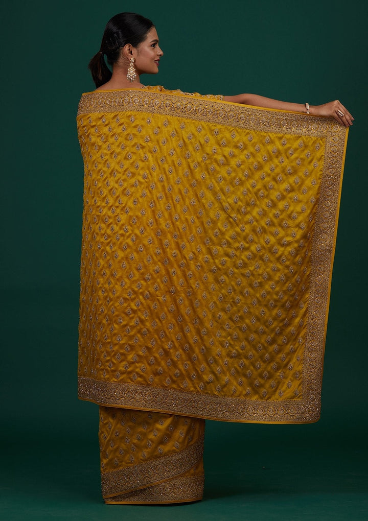 Mehendi Stonework Semi Crepe Designer Saree - Koskii