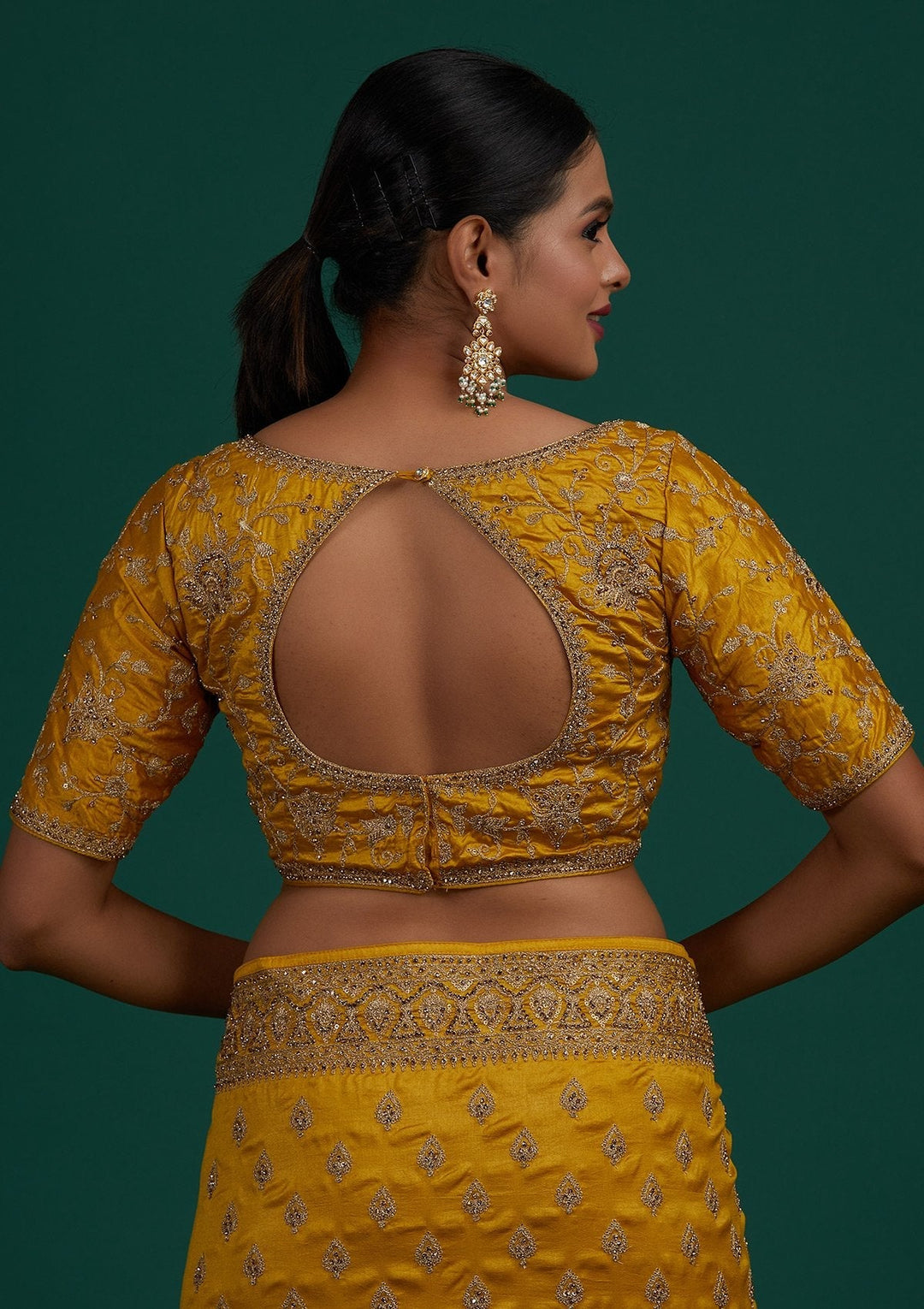 Mehendi Stonework Semi Crepe Designer Saree - Koskii