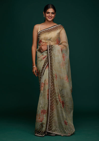 Mehendi Stonework Tissue Designer Saree - Koskii