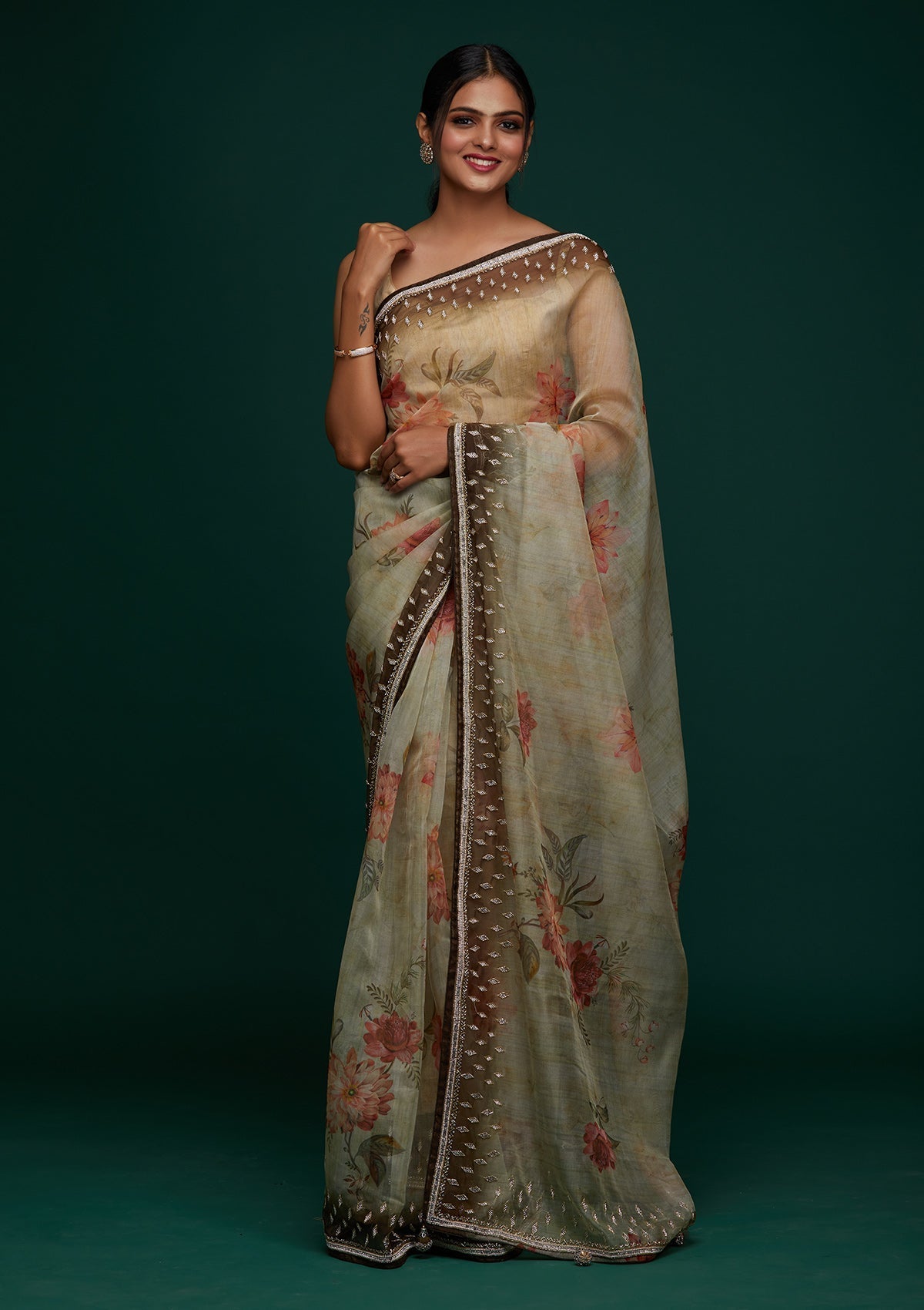 Mehendi Stonework Tissue Designer Saree - Koskii