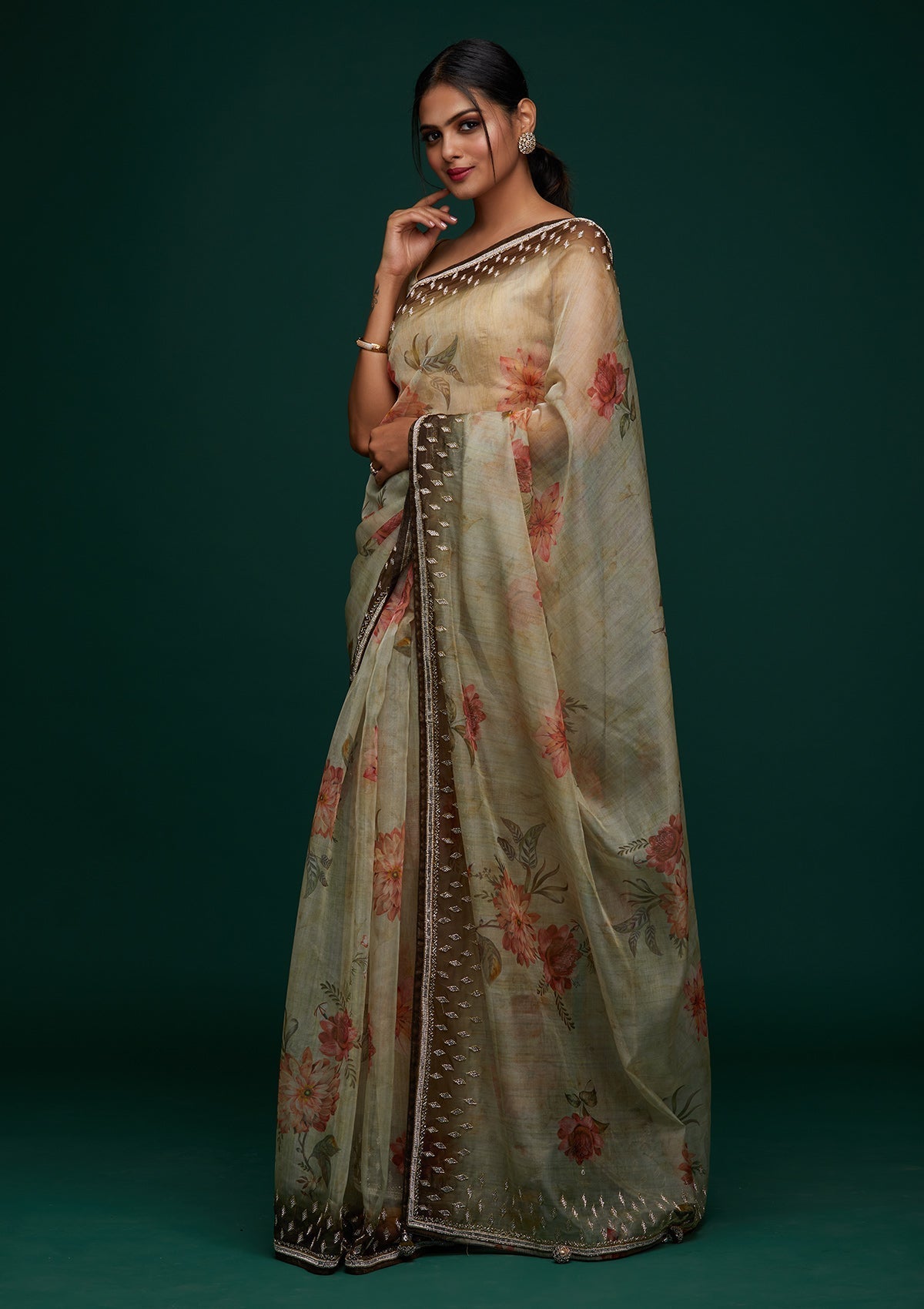 Mehendi Stonework Tissue Designer Saree - Koskii