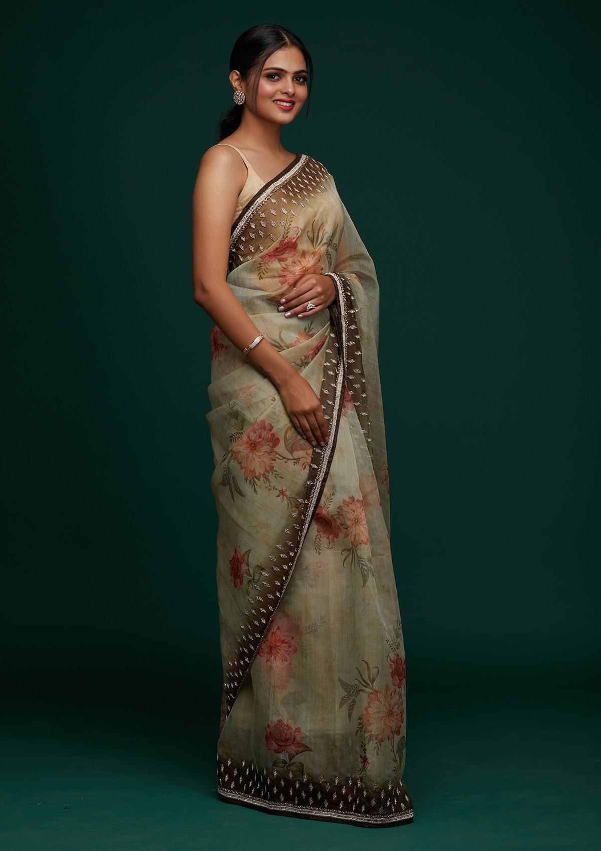 Mehendi Stonework Tissue Designer Saree - Koskii