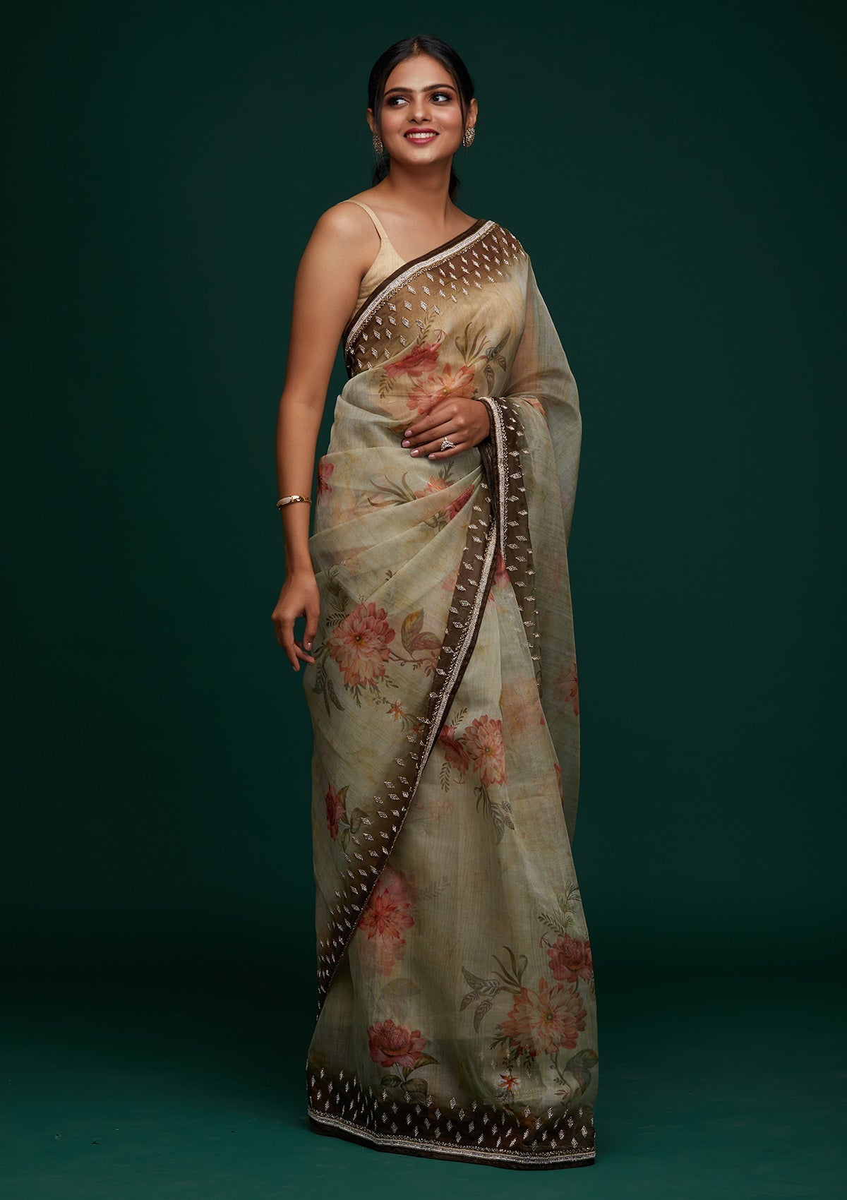 Mehendi Stonework Tissue Designer Saree - Koskii