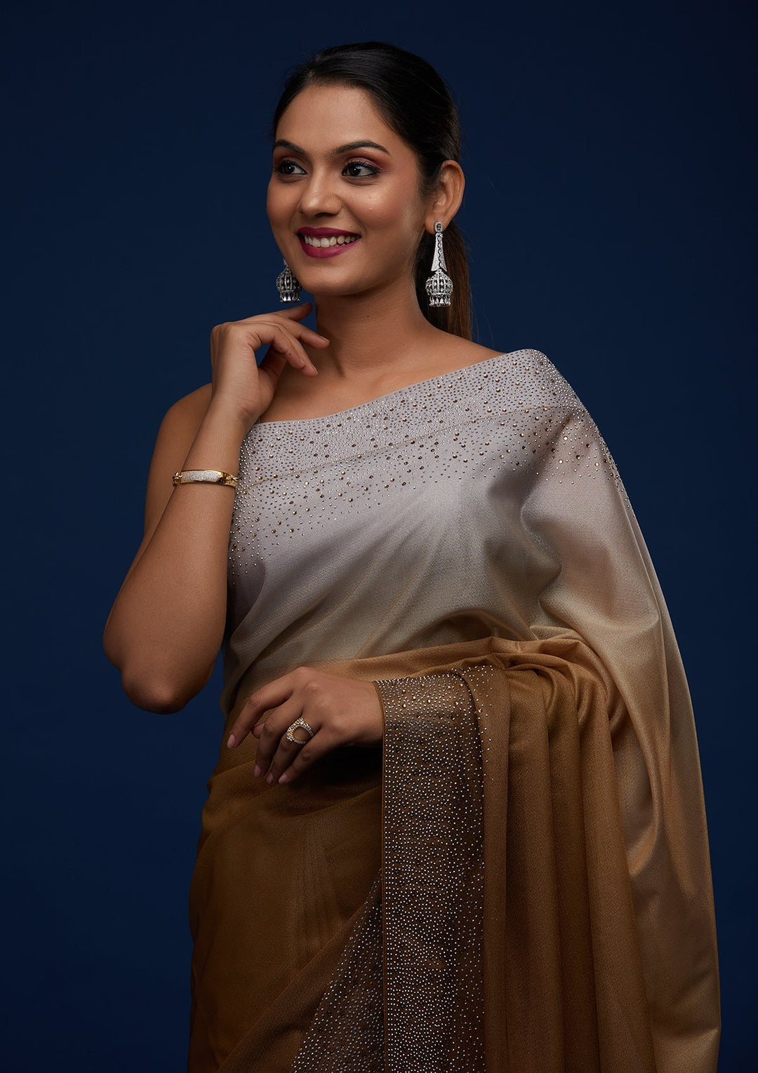 Mehendi Swarovski Tissue Designer Saree - Koskii