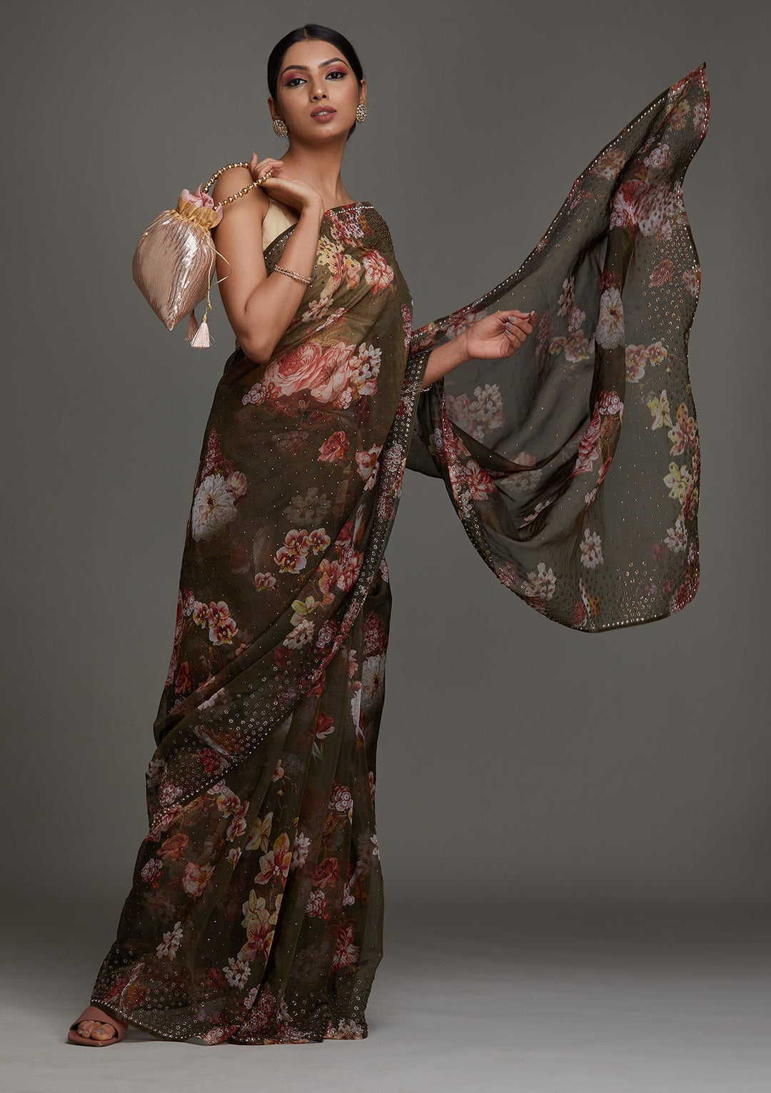 Mehendi Swarovski Tissue Saree- Koskii