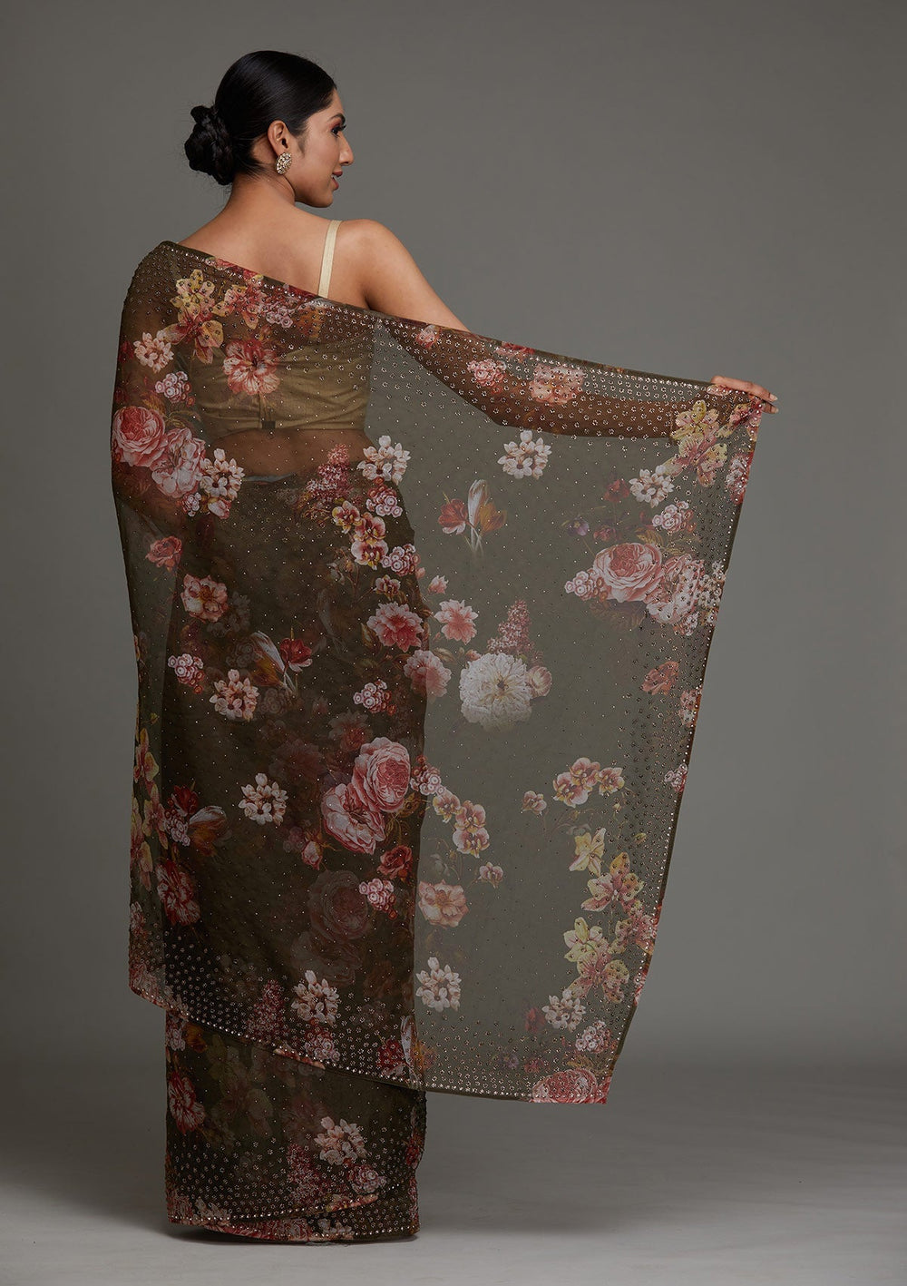 Mehendi Swarovski Tissue Saree - Koskii
