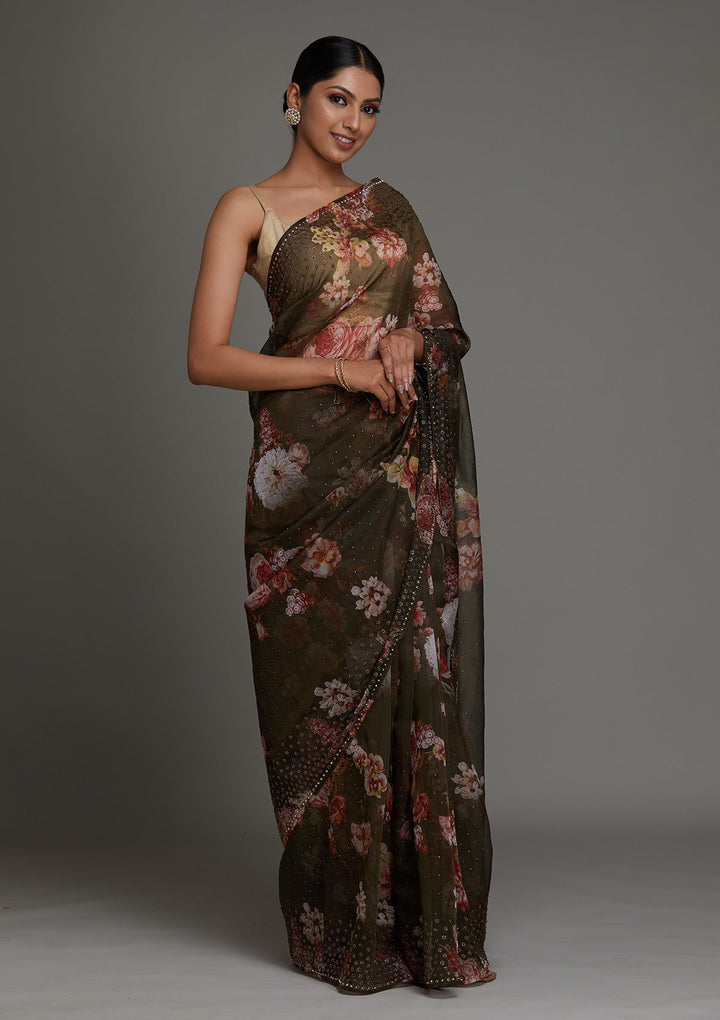 Mehendi Swarovski Tissue Saree - Koskii