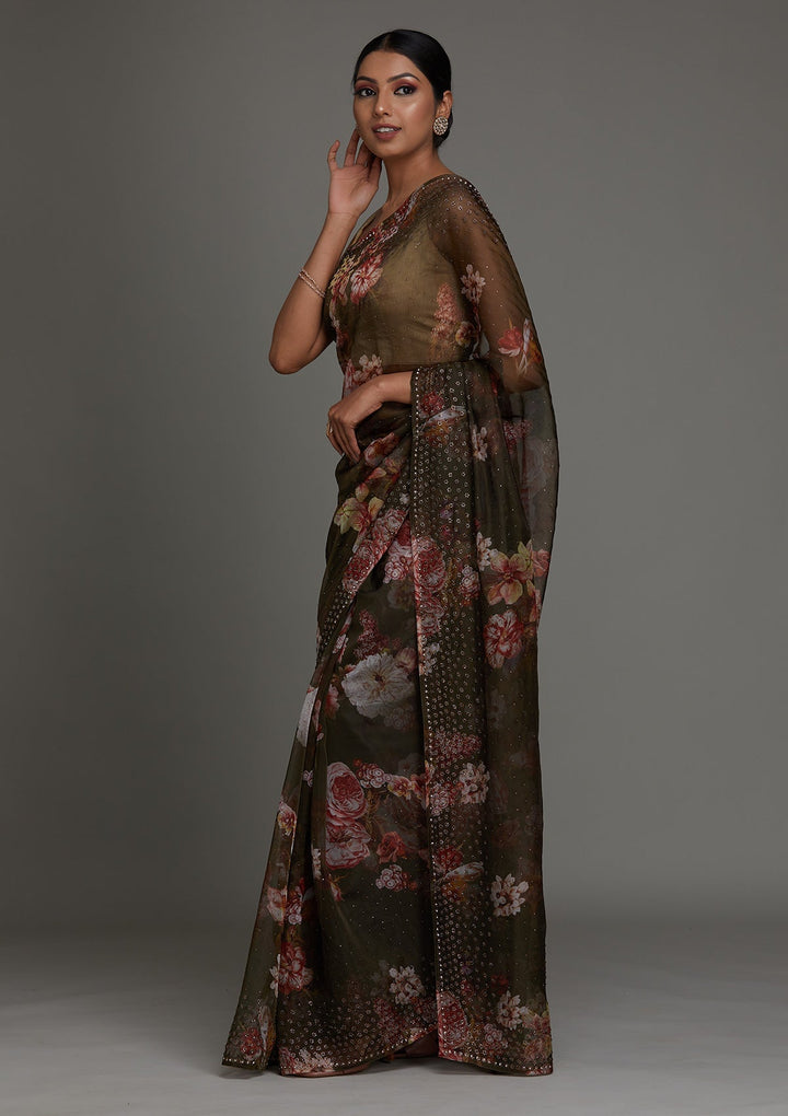 Mehendi Swarovski Tissue Saree - Koskii