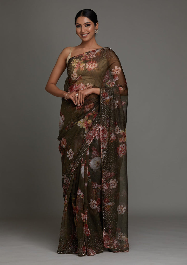 Mehendi Swarovski Tissue Saree - Koskii