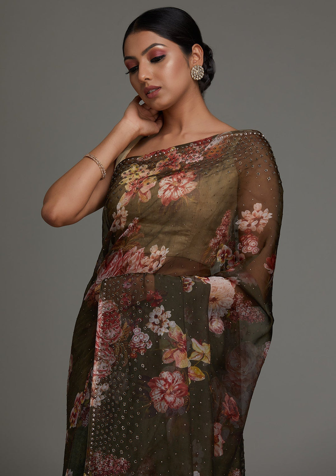 Mehendi Swarovski Tissue Saree - Koskii