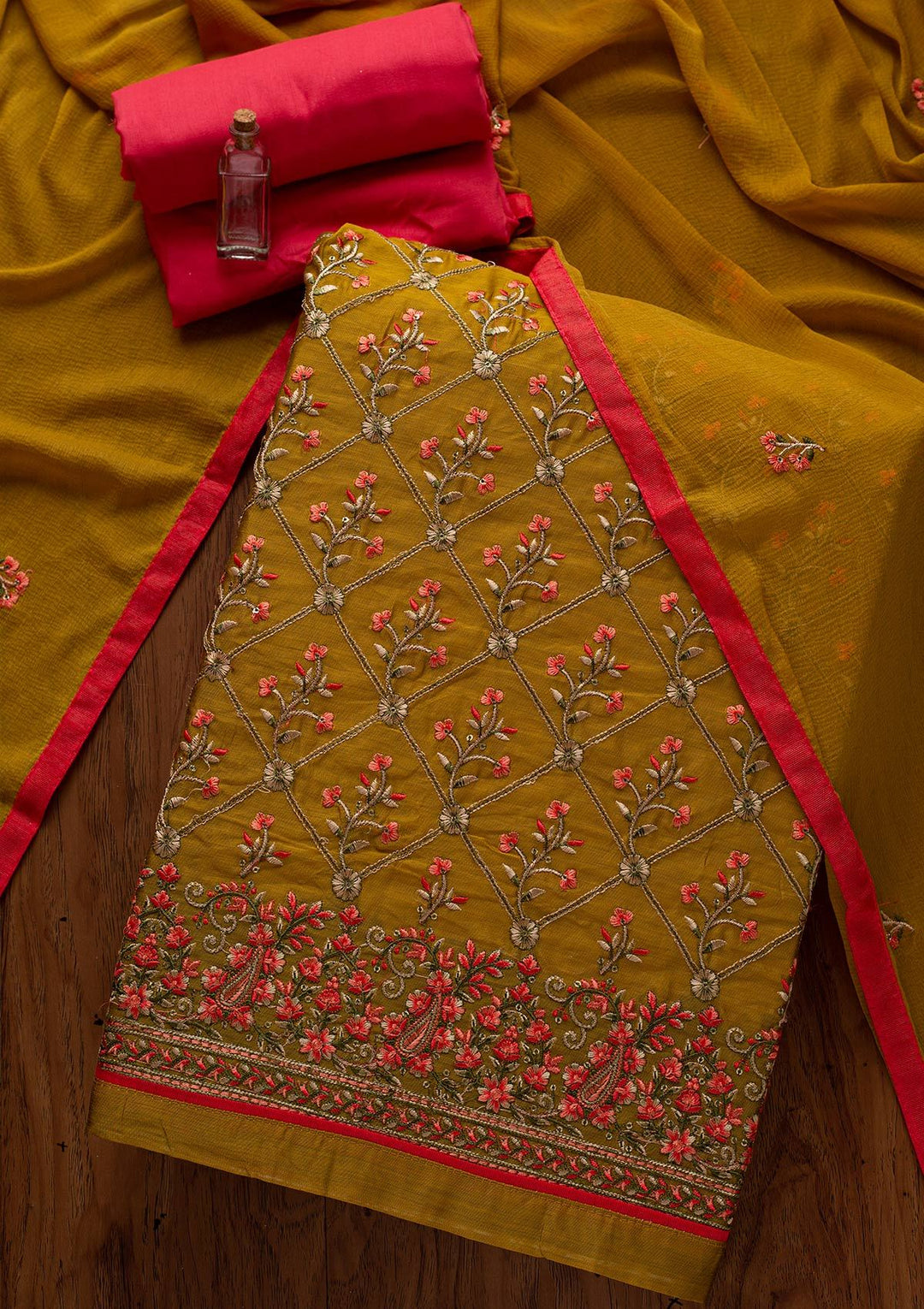 Mehendi Threadwork Chanderi Designer Semi-Stitched Salwar Suit - koskii