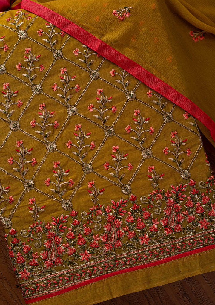 Mehendi Threadwork Chanderi Designer Semi-Stitched Salwar Suit - koskii