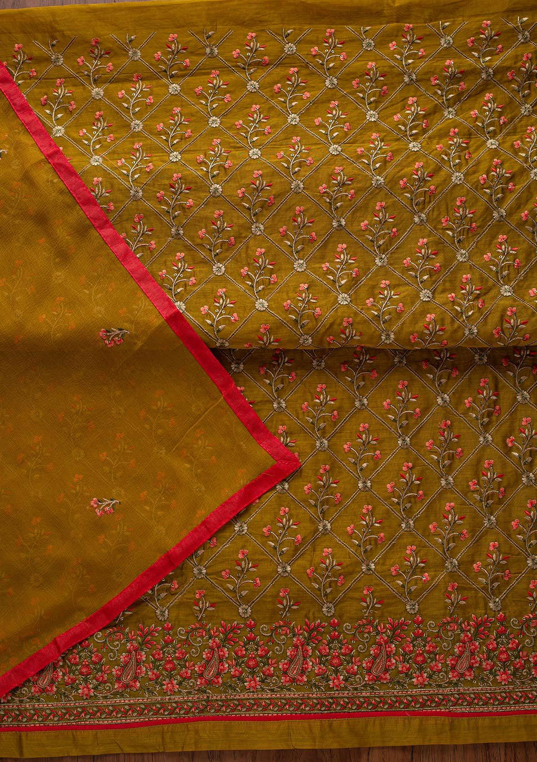 Mehendi Threadwork Chanderi Designer Semi-Stitched Salwar Suit - koskii
