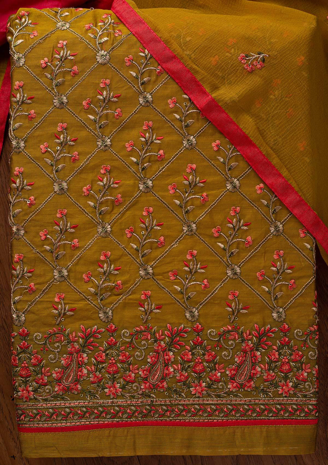 Mehendi Threadwork Chanderi Designer Semi-Stitched Salwar Suit - koskii