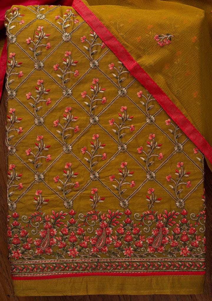Mehendi Threadwork Chanderi Designer Semi-Stitched Salwar Suit - koskii