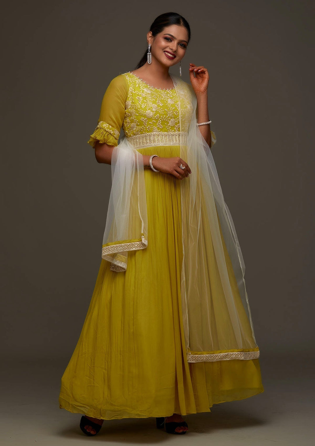 Mehendi Threadwork Georgette Designer Anarkali Suit- Koskii