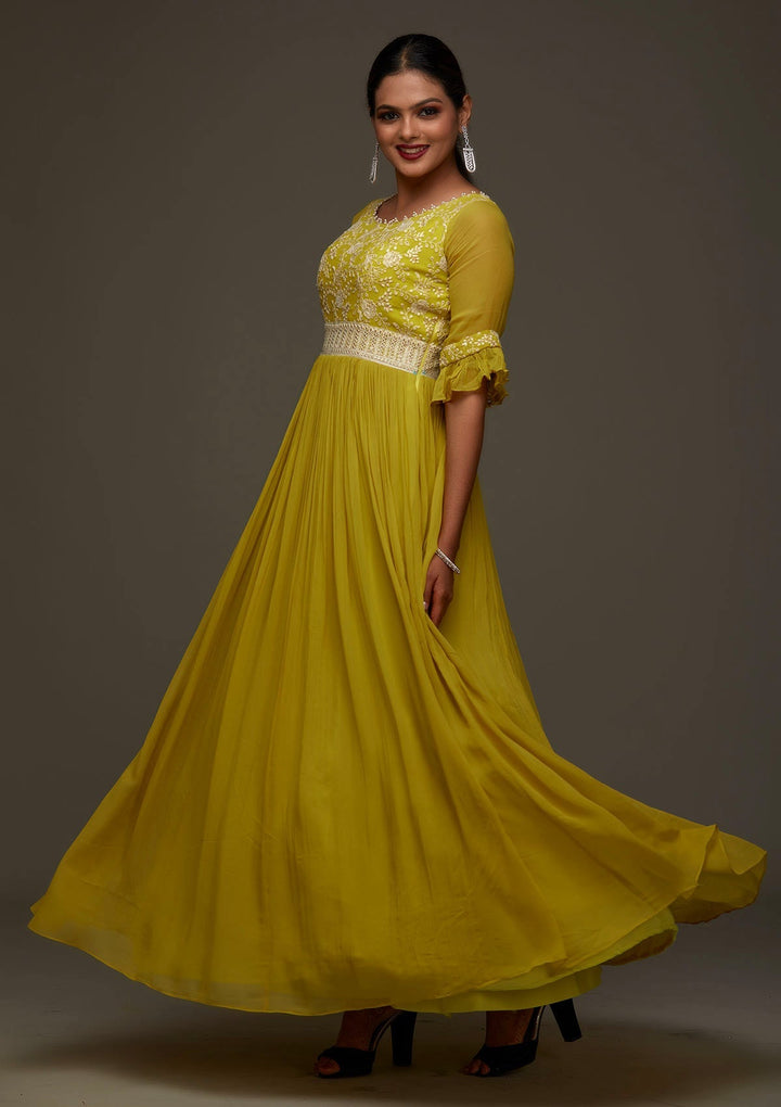Mehendi Threadwork Georgette Designer Anarkali Suit - Koskii