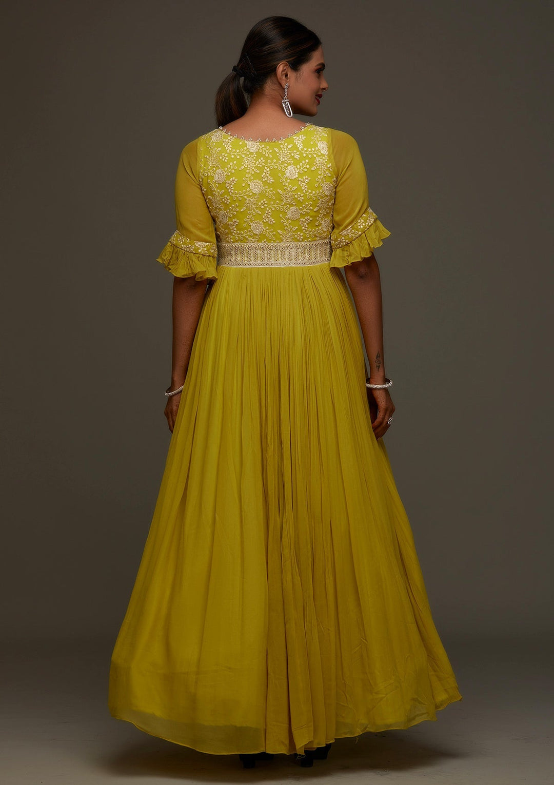Mehendi Threadwork Georgette Designer Anarkali Suit - Koskii