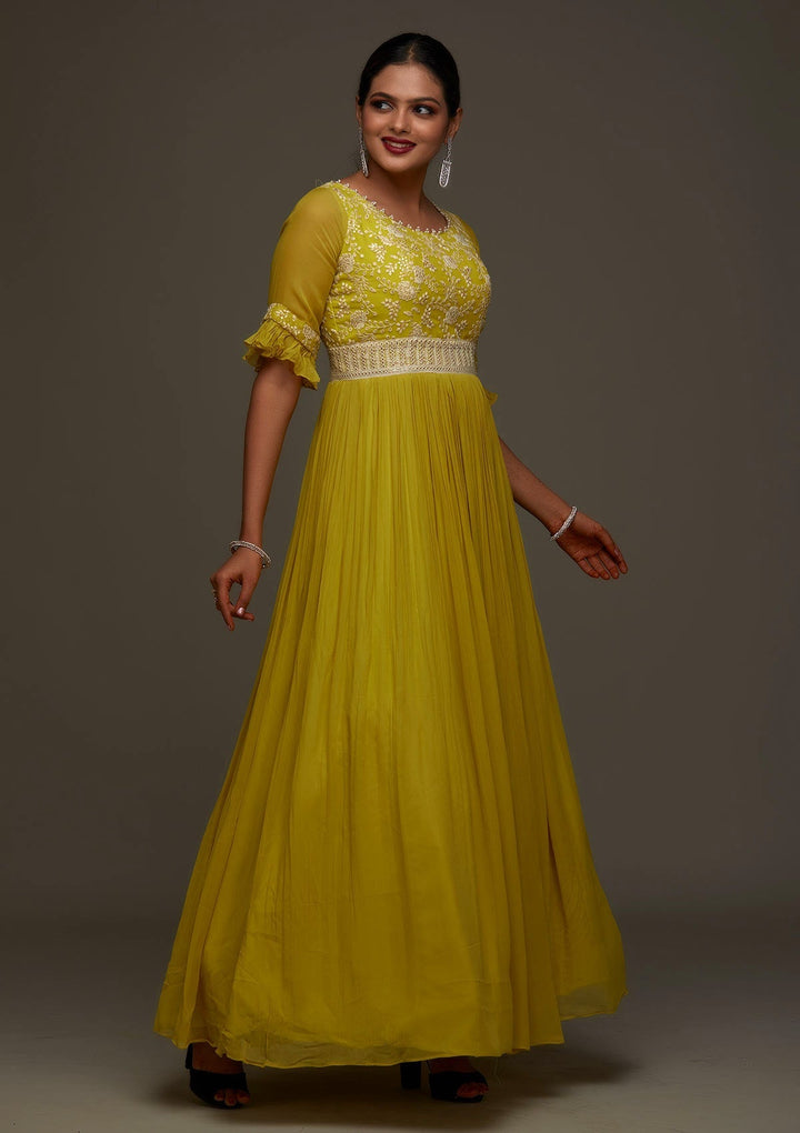 Mehendi Threadwork Georgette Designer Anarkali Suit - Koskii