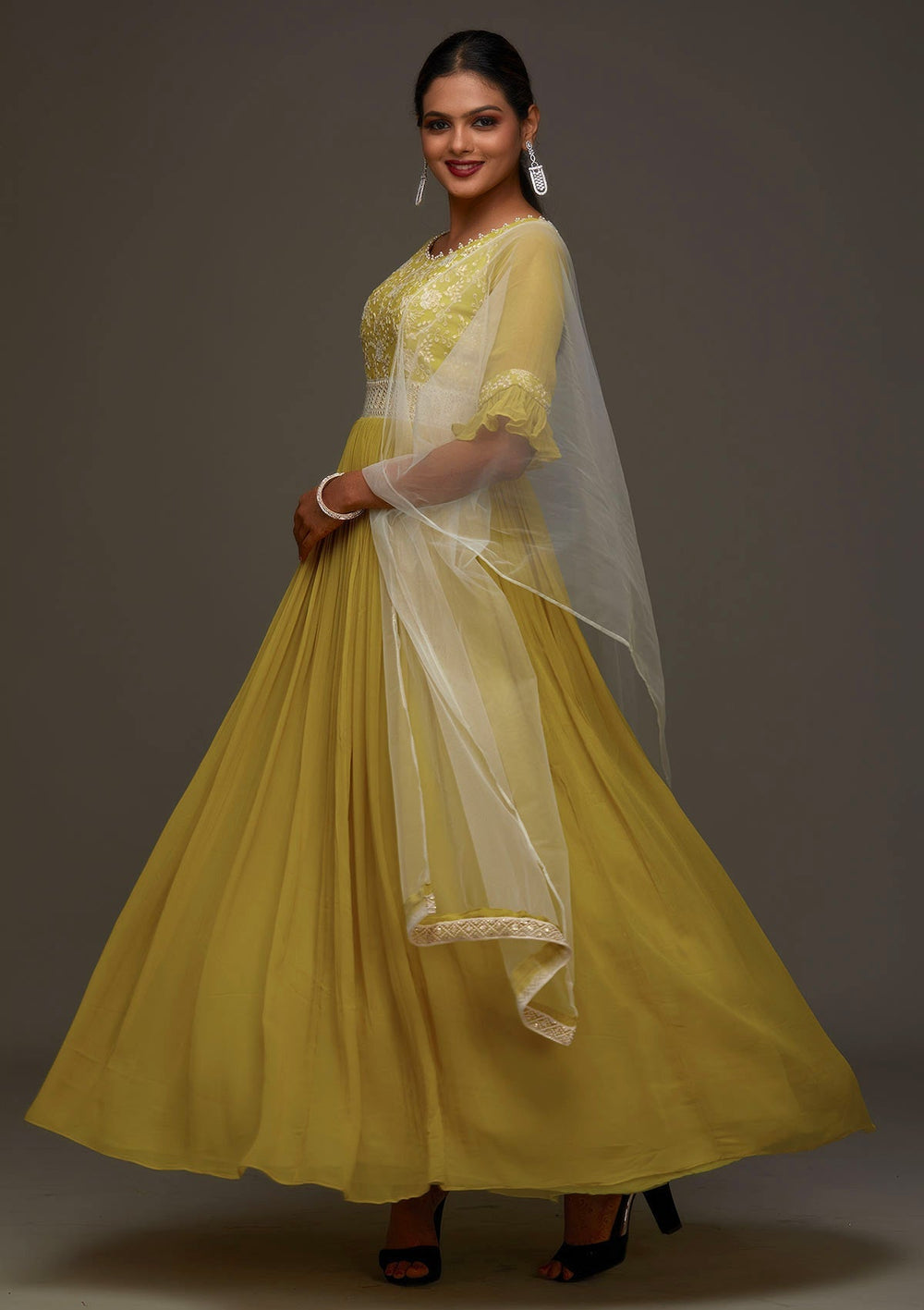 Mehendi Threadwork Georgette Designer Anarkali Suit - Koskii