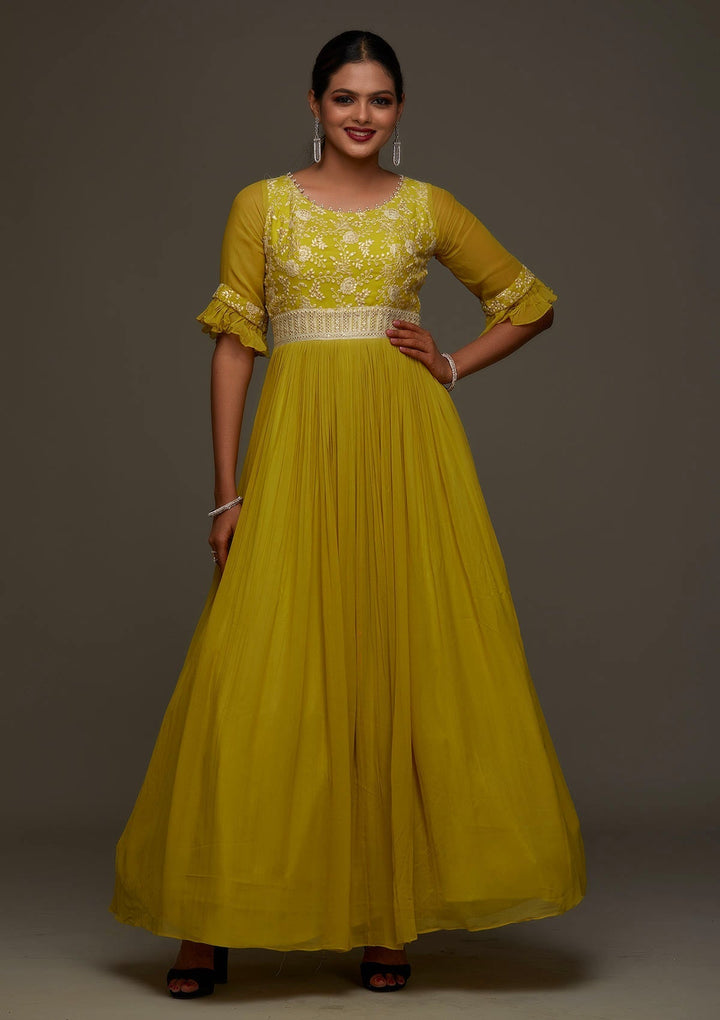 Mehendi Threadwork Georgette Designer Anarkali Suit - Koskii