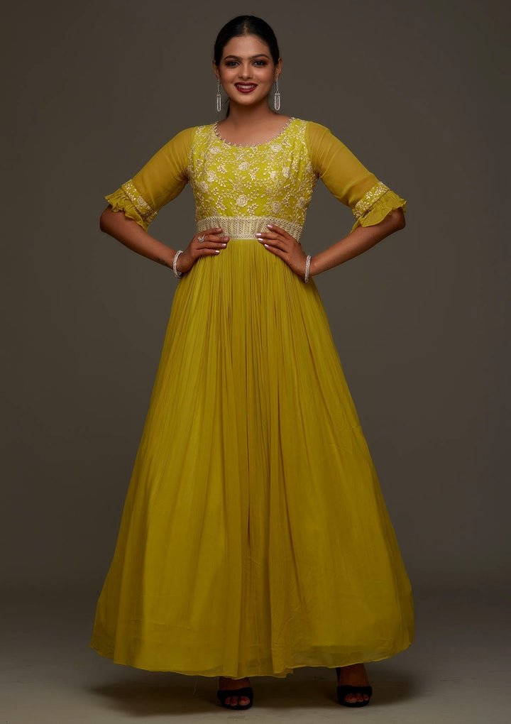 Mehendi Threadwork Georgette Designer Anarkali Suit - Koskii
