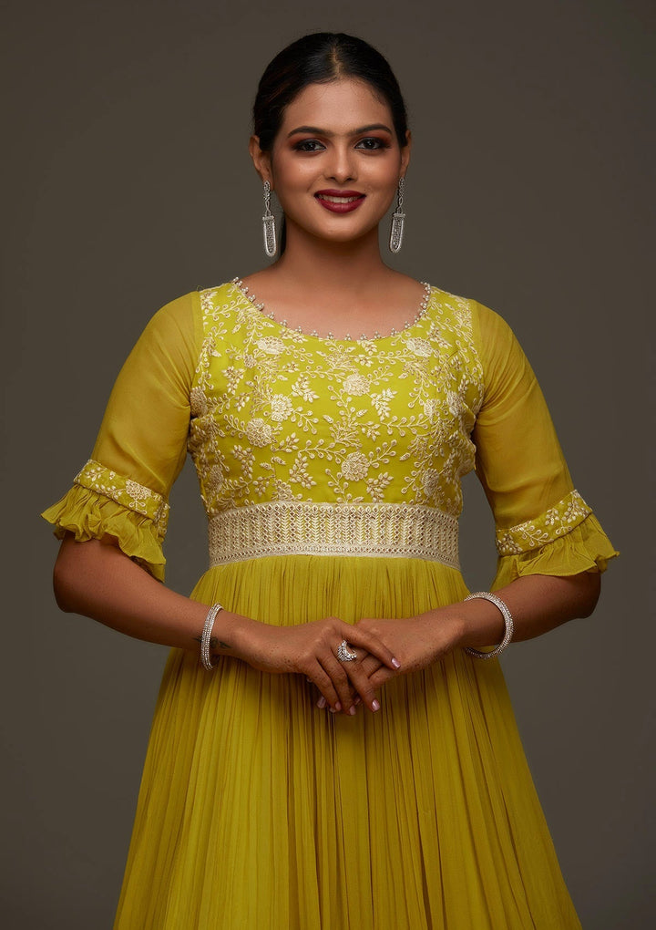 Mehendi Threadwork Georgette Designer Anarkali Suit - Koskii