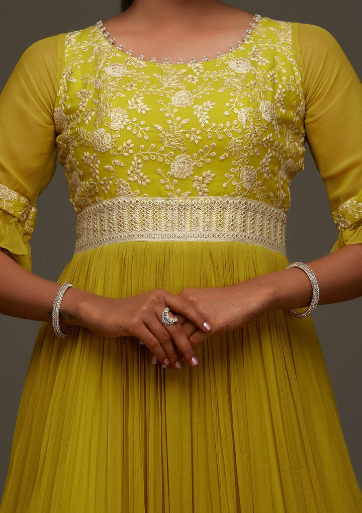 Mehendi Threadwork Georgette Designer Anarkali Suit - Koskii