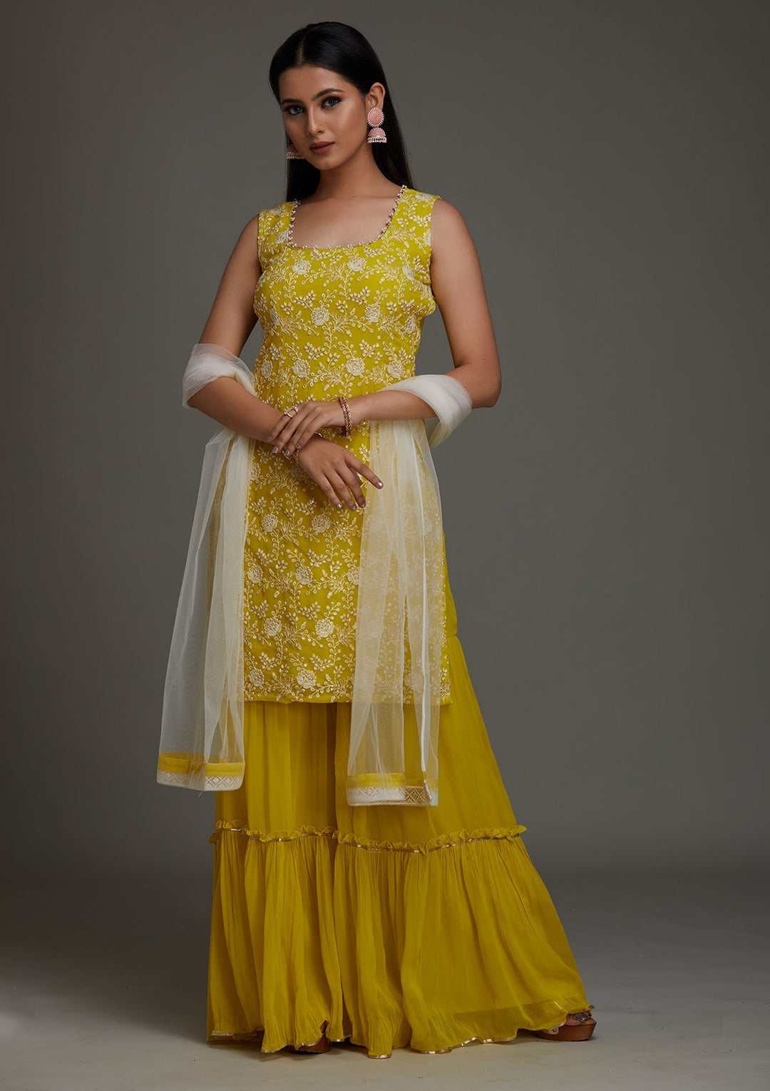 Mehendi Threadwork Georgette Designer Salwar Suit- Koskii