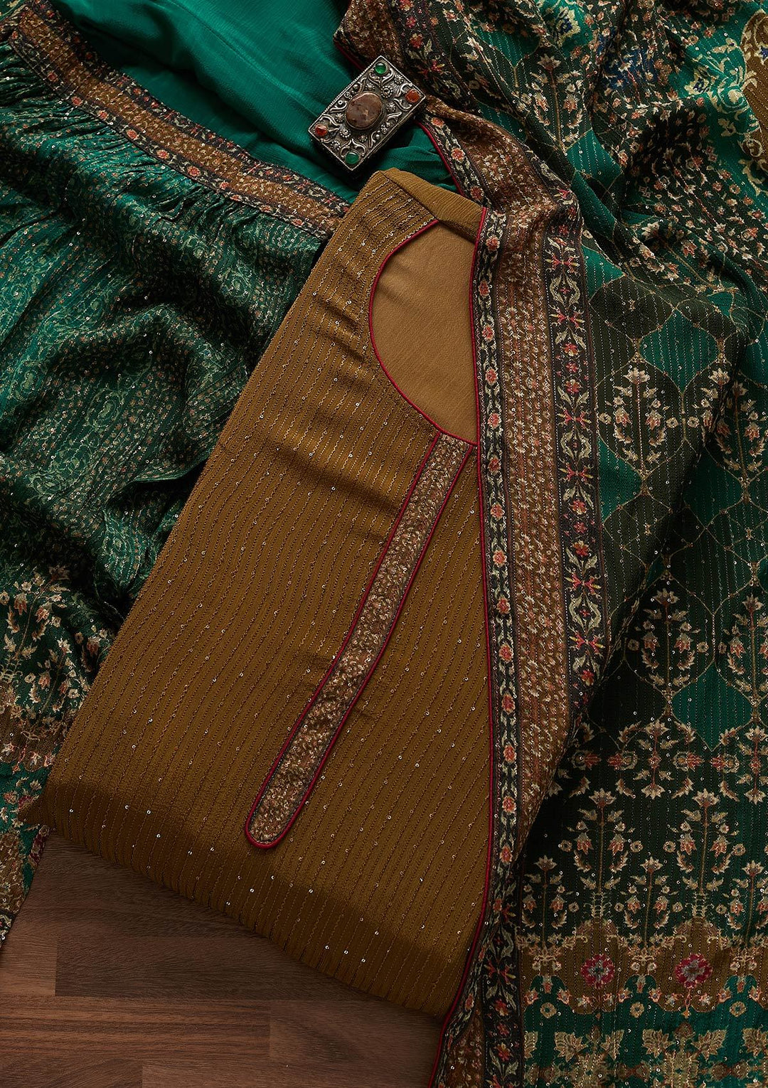 Mehendi Threadwork Georgette Designer Semi-Stitched Salwar Suit - Koskii