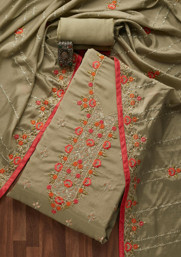 Mehendi Threadwork Georgette Unstitched Salwar Suit - Koskii