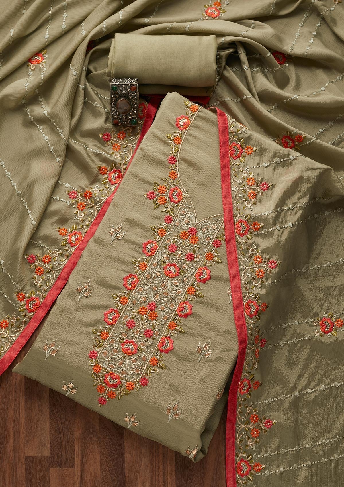 Mehendi Threadwork Georgette Unstitched Salwar Suit - Koskii