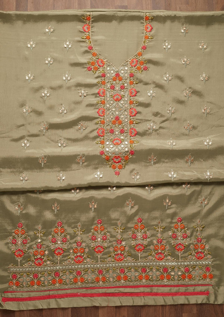 Mehendi Threadwork Georgette Unstitched Salwar Suit - Koskii