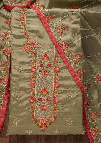 Mehendi Threadwork Georgette Unstitched Salwar Suit - Koskii