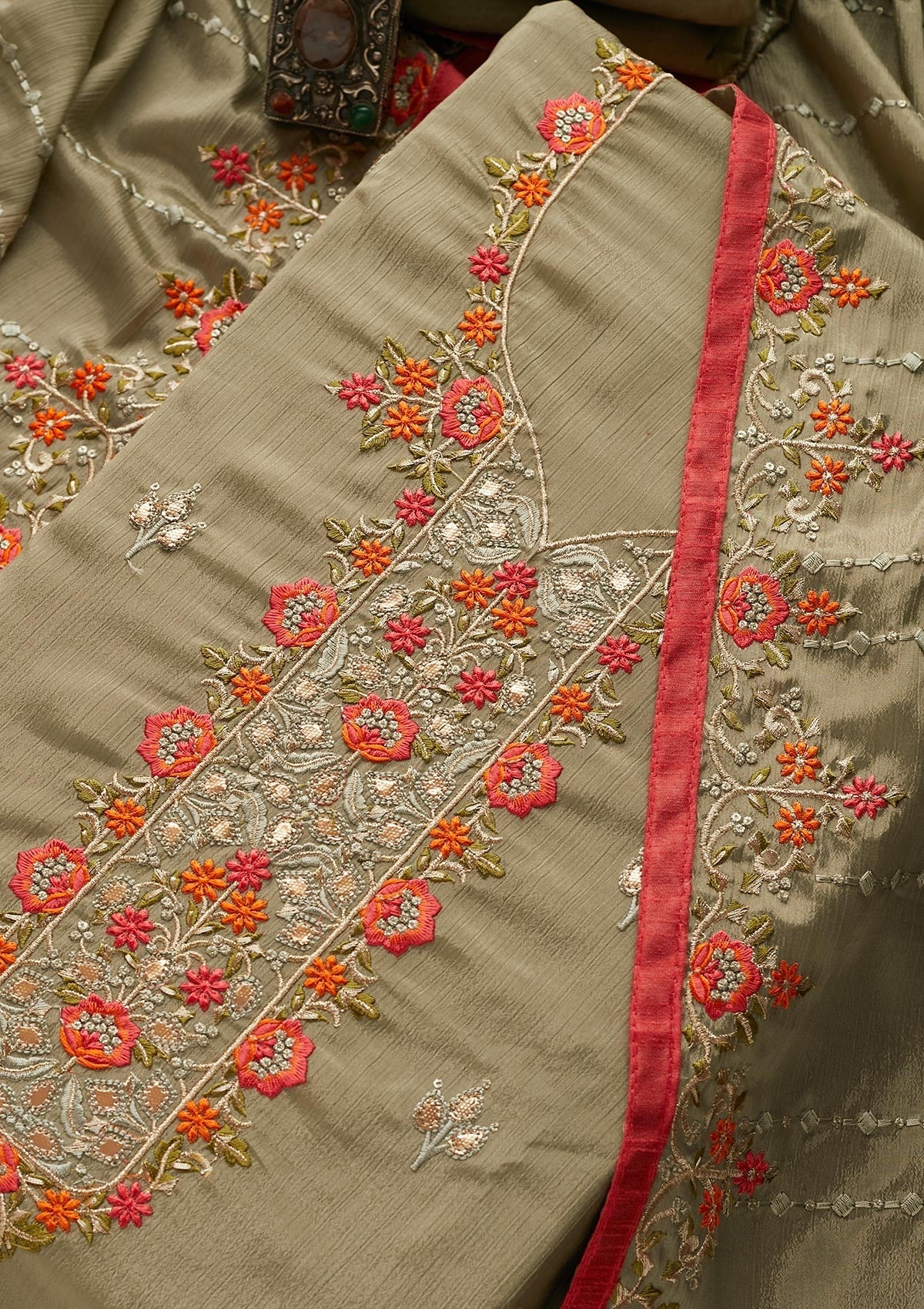 Mehendi Threadwork Georgette Unstitched Salwar Suit - Koskii