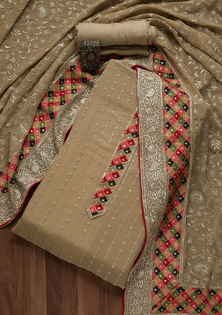 Mehendi Threadwork Georgette Unstitched Salwar Suit- Koskii